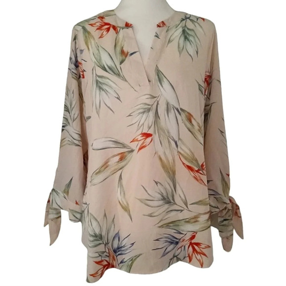 Zac & Rachel Blush Tropical Botanical Print 3/4 Sleeve Tie Detail Size Large - Picture 1 of 8
